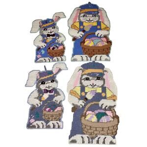 Vintage Easter Needlepoint Easter bunny and basket wall hanging lot cottage core